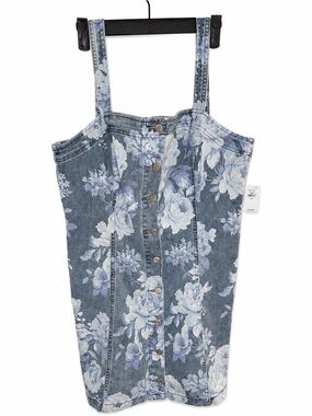 🌻 GAP NWT Floral Denim Mini Dress Blue Button Front Prairie Cottagecore Sz Large